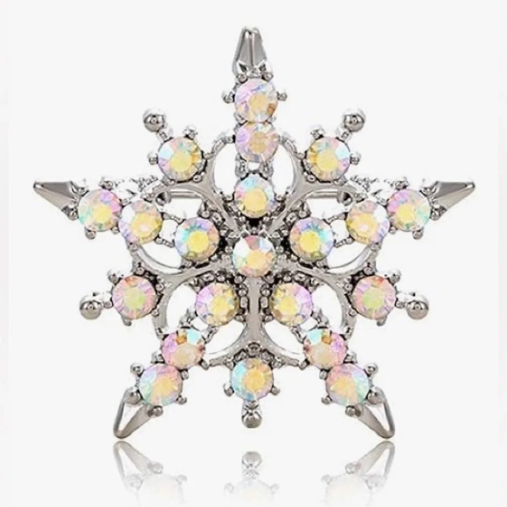 Silver Snowflake Rhinestone Fashion Brooch Pin Borealis